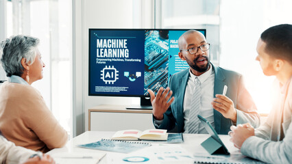 Poster - Machine learning, business people and meeting for ai, teamwork and cyber security with software update. Group, employees or tech expert in office, development or education with data scientist or talk