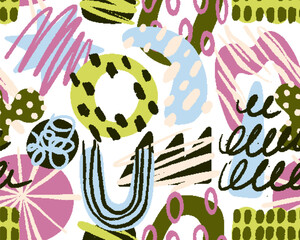 Leinwandbilder - Seamless abstract doodle pattern. Hand-drawn scribbles, organic geometric shapes, dots, endless background. Modern texture in funky style, for textile, wallpaper, wrapping. Flat vector illustration