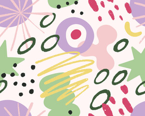 Poster - Abstract doodle pattern, seamless texture, repeating print in modern style. Colored shapes, scribbles, splashes, dots, background design for fabric, textile, wallpaper. Flat vector illustration