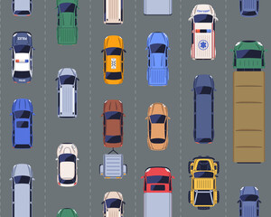 Fototapete - Traffic pattern, top down view. Seamless background design with cars, trucks driving on busy multi-lane street, transport, vehicles on road, congestion. Flat vector illustration for textile, fabric