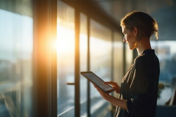 Leinwandbilder - Businesswoman Using Tablet by Window at Sunset, Representing Modern Technology and Digital Transformation in the Workplace With a Sense of Serenity : Generative AI