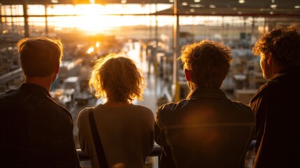 Leinwandbilder - Four People Watching Sunset Over Factory, Representing Observation, Contemplation and Manufacturing Progress : Generative AI