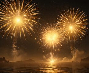 Wall Mural - Golden firework bursts illuminate the night, a dazzling spectacle of yellow light ,  golden, firework