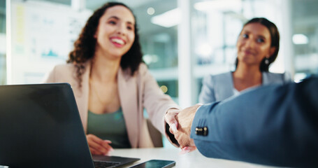 Poster - Shaking hands, meeting and business people with discussion in interview for recruitment, deal or welcome. Handshake, laptop and human resources employees for worker onboarding, agreement or promotion