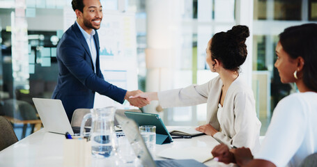 Poster - Handshake, interview and meeting with business people in office boardroom for onboarding or recruitment. Human resources, thank you or welcome with candidate man and woman shaking hands in workplace