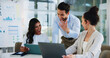 © peopleimages.com - Business, laptop and people with surprise in meeting for finance performance, company sales growth or good news. Financial analyst, teamwork and online report with KPI goals, budget target or success
