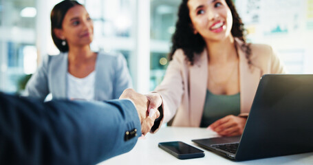 Aufkleber - Shaking hands, interview and business people with discussion in meeting for recruitment, deal or welcome. Handshake, laptop and human resources employees for worker onboarding, agreement or promotion