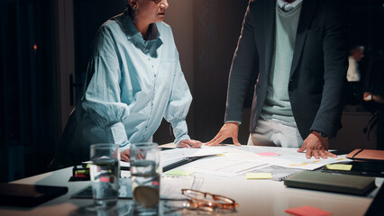 Aufkleber - Business, hands and teamwork with paperwork in office for tax preparation, auditing deadline and overtime. Accountant, people and planning at night for financial statement review and report analysis