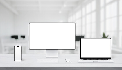 Leinwandbilder - Close-up of responsive mockup with smartphone and laptop on office desk, both screens ready for UI or web design