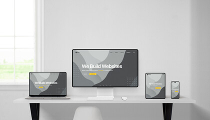 Poster - Responsive web design presentation on four modern devices in bright white office, featuring tablet, phone, laptop, and desktop with rounded thin displays