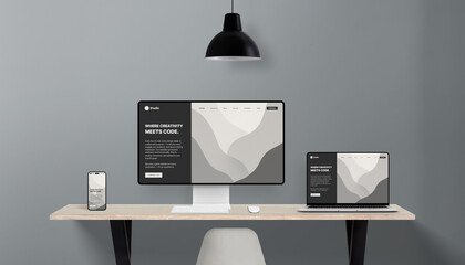 Leinwandbilder - Responsive website layout shown in multiple screen formats on office desk, representing cross-device compatibility for professional web design studios