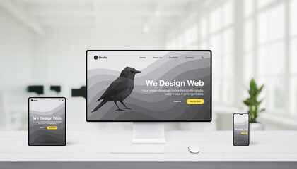 Leinwandbilder - Bright white office with desktop, tablet, and phone showing responsive web design, featuring polygon bird graphic and 'We design web' headline