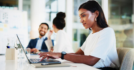 Aufkleber - Laptop, typing and businesswoman in office with research for company budget planning in boardroom. Computer, corporate and female funds accountant with online finance report on email in workplace.