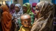 © Luiri Art - Somali mother holding baby in patterned hijab, surrounded by women in colorful veils waiting for food distribution indoors