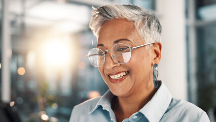 Leinwandbilder - Glasses, smile and tablet with business woman in office for administration, planning or research. App, finance and report with mature professional in corporate workplace for review of information