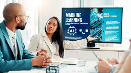 Leinwandbilder - Machine learning, business people and discussion with ai, data scientist or cyber security with software update. Innovation, employees or tech expert in office, development or talking with specialist