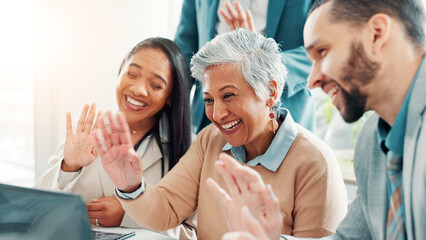 Poster - Laptop, video call and wave with business people in office together for collaboration or planning. Computer, smile and virtual meeting with employee group in corporate workplace for discussion