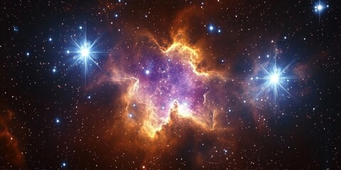 Wall Mural - vibrant space scene, fiery nebula, brilliant stars, radiant colors of soft pinks, deep purples.