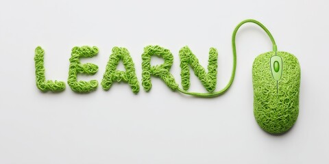 Green noodles creatively form the word learn with a matching computer mouse on a clean background