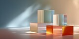 A stack of cubes in different colors, with a blue background. The cubes are arranged in a way that creates a sense of depth and dimension. The colors of the cubes contrast with the blue background