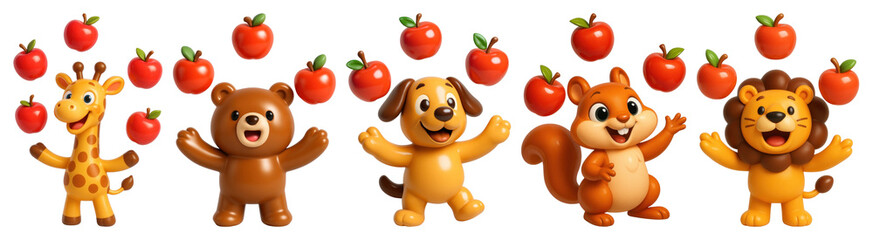Wall Mural - png animated animals juggling apples, element set on transparent background