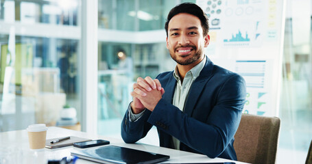 Poster - Man, smile and portrait at office for finance, report and pride with charts, career and confident at agency. Person, happy and board in workplace for review, graphs and stats for revenue in Mexico