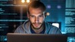 © adaptable_ Lark98A1 - A focused man works on a laptop, illuminated by screens with code in a dark environment, emphasizing concentration and technology.