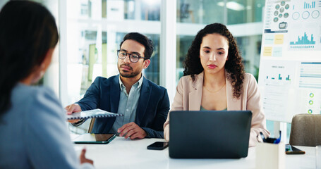 Aufkleber - Business, laptop and people with document in meeting for budget projection, forecasting or finance presentation. Financial analyst, teamwork and data report for timeline review and cash flow analysis