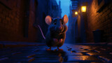 Cute Cartoon Mouse in a Night Alleyway