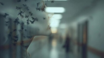 Wall Mural - Delicate butterflies emerging from woman's blurred hospital silhouette, symbolizing vulnerable psychological transformation and inner healing journey