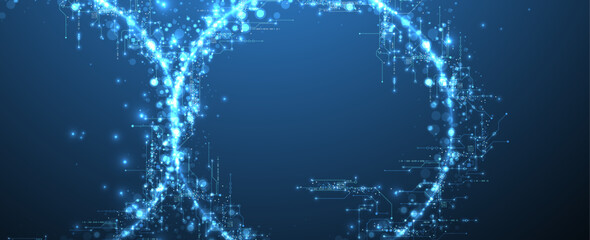Poster - Digital circuit visualization vector background.  Neon glowing board pattern with interconnected lines, nodes, and binary code.