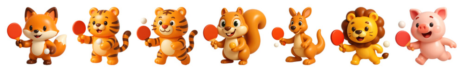Wall Mural - png cute animals playing ping-pong, element set on transparent background