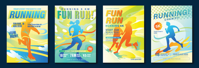 Poster - Fun run poster design background vector set. Running sport cover template with vibrant abstract gradient geometric shape and people running. Ideal design for social media, flyer, promotion, card.