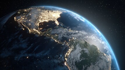 Wall Mural - Planet earth rotating showing north and south america at night from space.