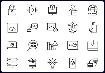 Programming and coding icon set. Contains such Icons as code, api, programmer, developer, information technology, coder and more. Vector illustration