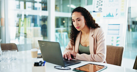 Poster - Business, woman or research on laptop in office for account management, reading finance report or information. Professional, accountant or employee scroll online for tax audit, policy update or email