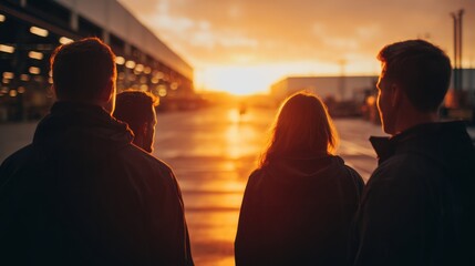 Aufkleber - Group of Friends Watching Sunset Together, Representing Teamwork and Shared Vision for Future Goals, Perfect for Corporate Retreat or Leadership Training : Generative AI