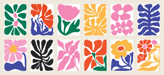 Aufkleber - Botanical doodle background art vector set. Flower and leaves abstract shape doodle art design for print, wallpaper, clipart, wall art for home decoration.