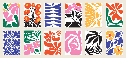 Poster - Botanical doodle background art vector set. Flower and leaves abstract shape doodle art design for print, wallpaper, clipart, wall art for home decoration.