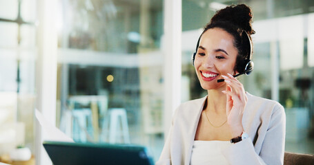 Poster - Headset, laptop and businesswoman with customer service on video call for finance advice, online guidance or meeting. Office, financial advisor and happy with webinar for policy information and help