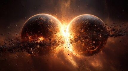 Wall Mural - Two planets colliding creating fire and destruction in space.