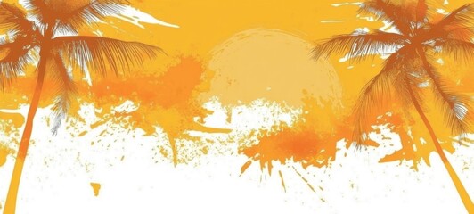 Poster - modern summer holiday vacation art illustration template concept - Abstract orange brushstroke watercolor painting of palm trees and sun, isolated on white background