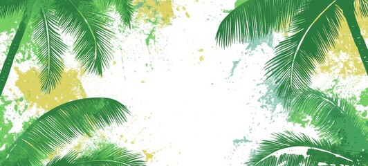 Poster - modern summer holiday vacation art illustration template concept - Abstract colorful brushstroke watercolor painting of palm trees leaves and sun, isolated on white background