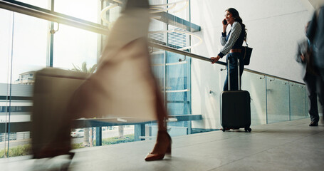 Poster - Airport, waiting and woman on business trip, phone call and plan for travel arrangement and chat. Talking, employee and person with smile for communication, departure and traveller with suitcase