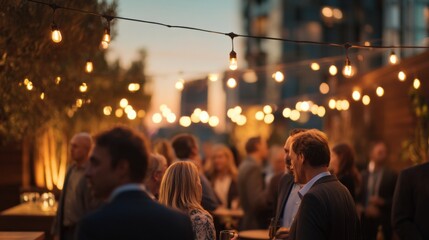Aufkleber - Business Professionals Networking at Evening Event Under String Lights, Representing Corporate Socializing and Team Celebration : Generative AI