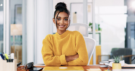 Aufkleber - Creative office, happy and portrait of business woman with smile for copywriting, editing and publishing career. Professional, crossed arms and person at desk with confidence, pride and editor job