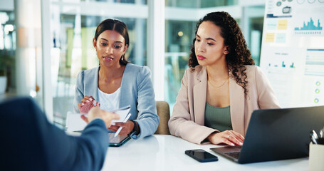 Poster - Business, discussion and people with documents in meeting to assess financial performance, forecasting or planning. Finance manager, teamwork or stats report for timeline review or cash flow analysis