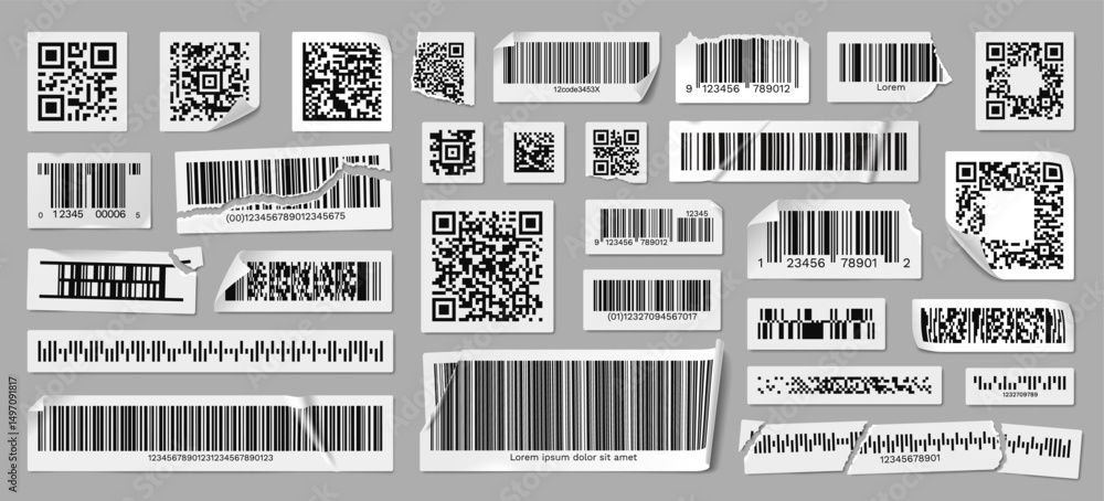 Damaged barcodes, crumpled QR code labels, product ID stickers with ...