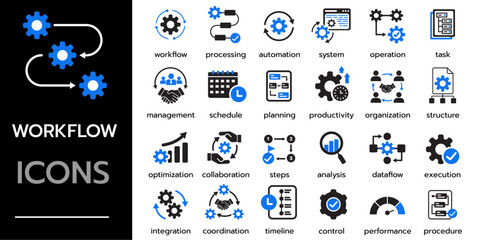 workflow process icon set. process, automation, management, planning, task, collaboration icons. sol