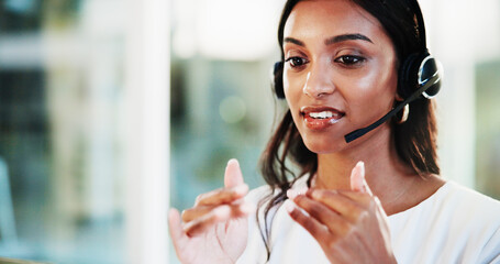 Poster - Consultation, call center and woman consultant in office for helpdesk, assistance or support online. Lead generation, audio tech and female customer service agent with troubleshooting advice for crm.